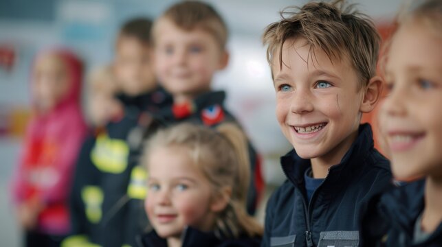 Firefighter Engaging With Students in Classroom During Safety Presentation - Powered by Adobe