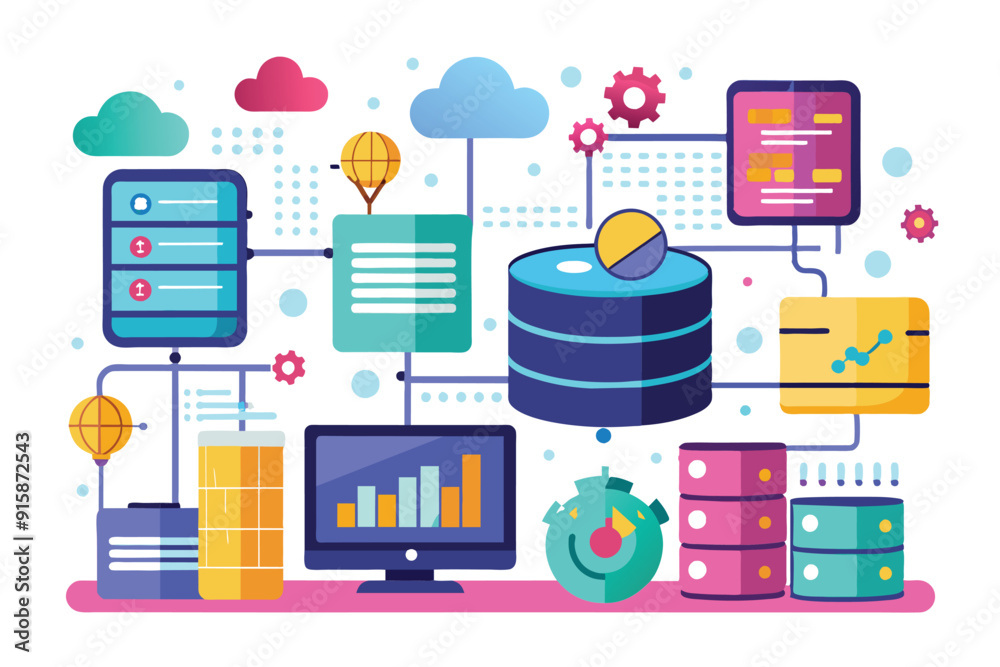 Poster a colorful representation showcases data storage analysis methods using servers, cloud elements, and