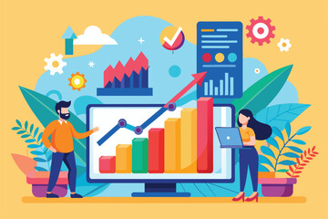 Colleagues analyze growth charts and data trends in a colorful office, discussing insights while reviewing reports on a large screen