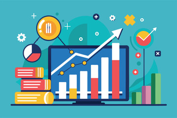 Obraz premium A person analyzes growth charts on a computer while surrounded by books and various graphical representations of data in a bright workspace
