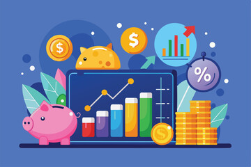 Obraz premium Visual representation of savings growth data, featuring piggy banks, coins, and vibrant graphs indicating financial trends and insights