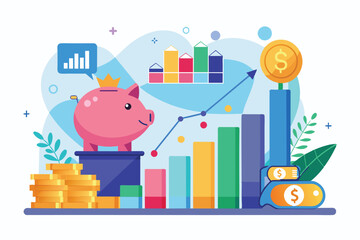 Fototapeta premium A vibrant depiction of savings growth data showcasing a piggy bank, coins, and colorful graphs illustrating financial trends