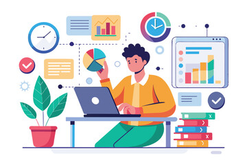 Fototapeta premium A person analyzes work projects using a laptop, reviewing graphs and charts while surrounded by plants and organized stacks of documents