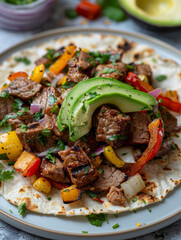 Grilled beef taco with avocado, bell peppers, and onions.