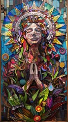 Obraz premium A striking stained glass representation of a woman in prayer, embraced by vibrant foliage and symbols of nature