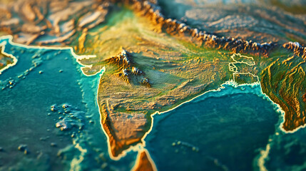 Colorful cartographic representation of the region showing India and its forested areas, a map depicting the shape of India.