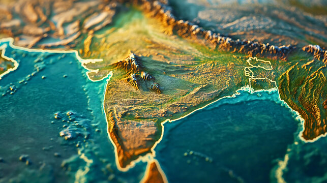 Colorful cartographic representation of the region showing India and its forested areas, a map depicting the shape of India.