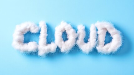 Cloud Text Formed with Soft White Cotton, Minimalist Sky-Themed Design on Light Blue Background, Symbolizing Lightness and Tranquility, Ideal for Weather Branding and Airy-Themed Promotions

