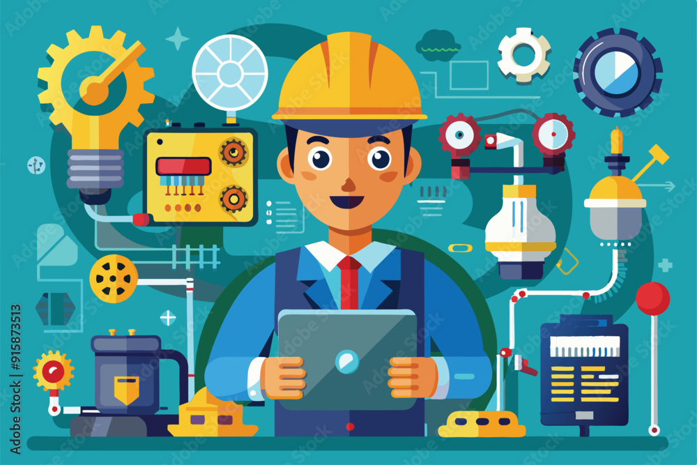 Poster an engineer is actively maintaining machines, utilizing tools and technology to ensure optimal perfo