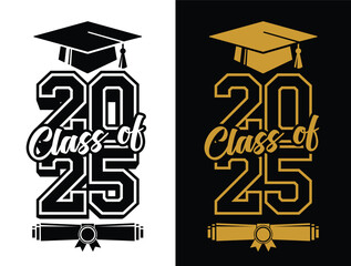 Lettering Class of 2025 for greeting, invitation card. Text for graduation design, congratulation event, T-shirt, party, high school or college graduate. Illustration, vector on transparent and black 
