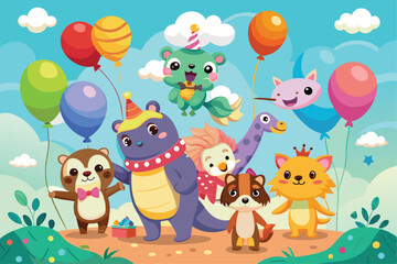 Obraz premium A group of cute cartoon animals joyfully celebrate with balloons in a vibrant party setting filled with fun and laughter