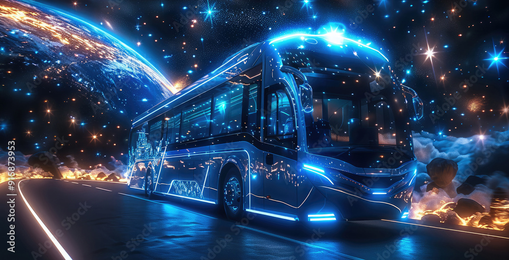 Poster a futuristic bus traveling through interstellar space, sleek design with large panoramic windows, ad