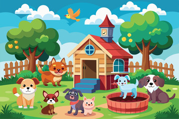 Naklejka premium A cheerful animal shelter scene features various playful pets enjoying a sunny day in a colorful park setting, surrounded by trees and a wooden fence
