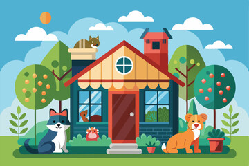 Naklejka premium A welcoming animal shelter features various pets enjoying the outdoors, surrounded by trees, flowers, and a clear blue sky, creating a lively atmosphere