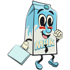 character of a cute milk box cartoon vector isolated clip art mascot illustration wearing a tie and carrying a suitcase rushing to the office, work of hand drawn