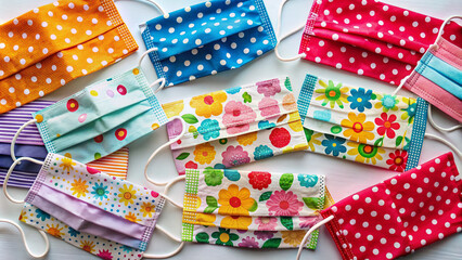 Fototapeta premium Colorful surgical masks with various cheerful patterns, including polka dots, stripes, and flowers, scattered on a white background, conveying a sense of hope and safety.