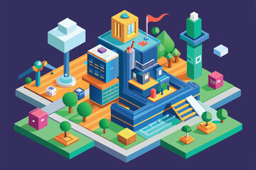 A lively urban environment showcases colorful buildings, trees, and customizable structures under a clear blue sky, inviting exploration and creativity