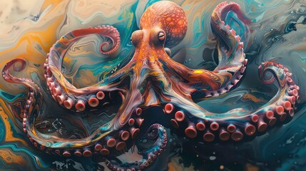 Obraz premium An octopus with swirling, marbled skin and long, detailed tentacles, against a background of rippling, abstract blue and gold colors.