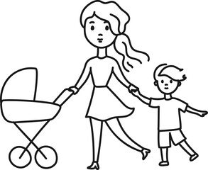 Young mother with stroller and son doodle line hand drawn. Vector illustration isolated on white
