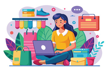 A woman engages in online shopping with her laptop while surrounded by vibrant shopping bags, clothing items, and digital elements in a cozy setting