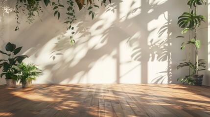 Studio space with sunlight and leaf shadows, wooden floor, and white walls, empty living room interior