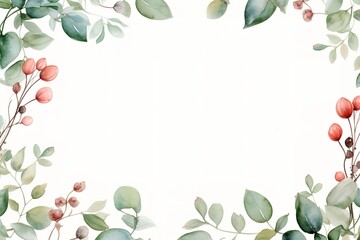 Obraz premium Watercolor floral frame with green leaves and red berries.