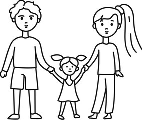 Mom, dad, daughter holding hands together. Line drawing in style of children's doodles. Vector contour illustration isolated on white background.