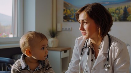Fototapeta premium A healthcare professional checks on a newborn baby with the help of a stethoscope