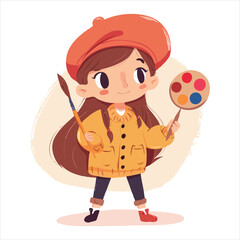 Cute simple clip art of a girl with a beret and paintbrush, holding a palette, as a flat vector illustration on a white background.