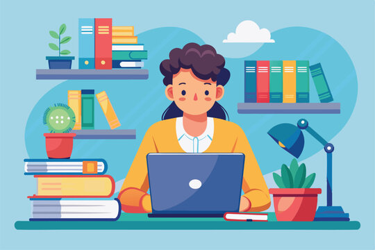 A person is focused on studying with a laptop, surrounded by books and plants in a comfortable study environment