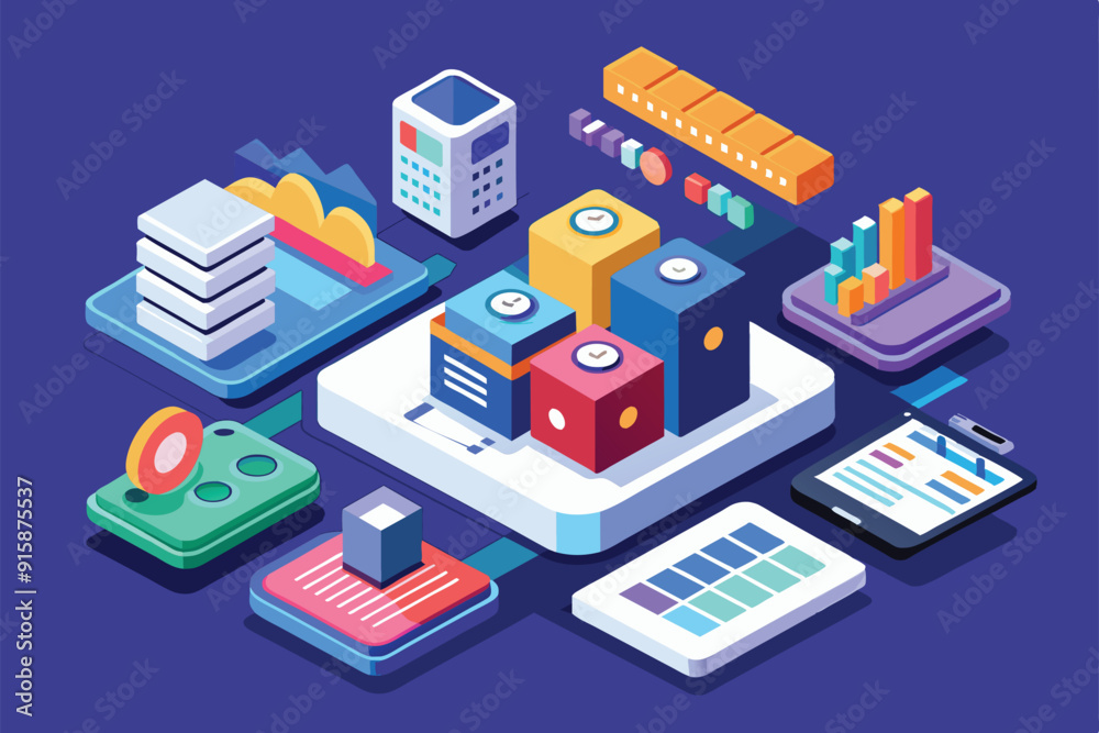 Poster this illustration showcases app data management with various components representing databases, char