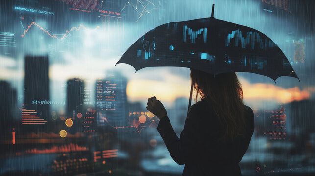 Businesswoman With Umbrella Analyzing Market Data - Powered by Adobe