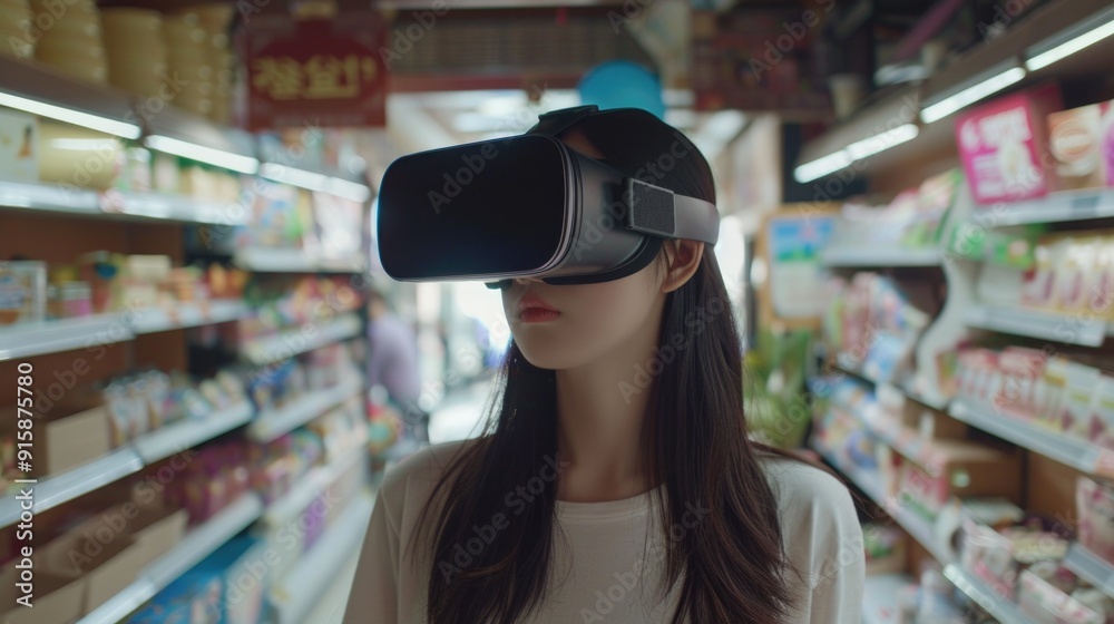 Poster a person trying out virtual reality technology in a retail environment