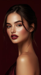 Fototapeta premium Graceful Turkish Model With Olive Skin Tone Poses Elegantly Against a Rich Backdrop During a Beauty Shoot