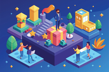 Fototapeta premium A group of individuals celebrates achievements and expresses appreciation in a colorful, isometric landscape filled with gifts and creative elements