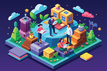 Fototapeta premium A diverse group collaborates and engages in learning activities in a vibrant isometric setting filled with creative elements