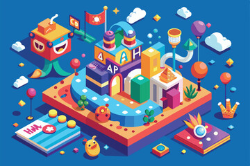 A vibrant isometric illustration celebrating April Fools' Day with playful designs, balloons, and festive decorations set in a lively and cheerful environment