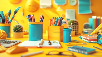 flat lay school or office supplies on yellow background creative layout, school stationery top view