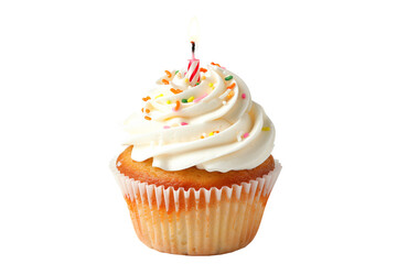 A freshly baked chocolate cupcake or muffin topped with rich creamy frosting, a candle, and chocolate sprinkles, perfect for celebrations. Isolated on white transparent background