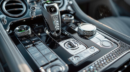 A close-up of a luxury car gear shift console. The gear shift lever is prominently displayed, featuring a diamond-patterned texture with crystal material. Surrounding the lever are various controls.