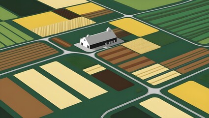 Fototapeta premium Minimalist aerial farm illustration, geometric agricultural landscape with farmhouse, flat vector countryside fields and rural patchwork design