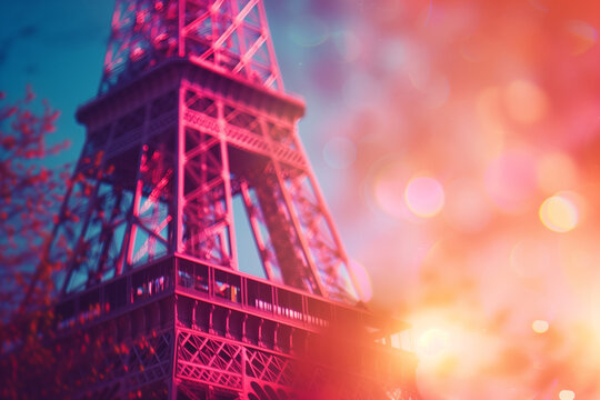 The famous Eiffel Tower in Paris seen from a low angle in beautiful bokeh colors. Generative AI.
