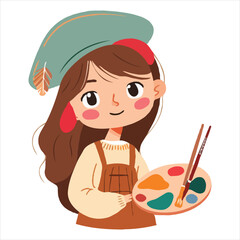.Cute simple clip art of a girl with a beret and paintbrush, holding a palette, as a flat vector illustration on a white background. 
