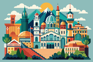 A colorful representation of iconic architecture from Milan and Vienna under a bright sky with mountains and greenery in the foreground