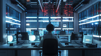 A male IT worker sits at his desk in front of computer monitors and looking computer screen, seen from behind and looking over the of an AI system that processes data on monitor displaying code
