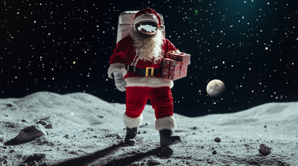 Santa Claus Delivers Gifts on the Moon While Dressed in a Space Suit 