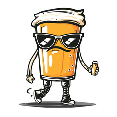 Cool walking beer glass with sunglasses and sneakers, retro character design.
