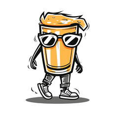 Cool walking beer glass with sunglasses and sneakers, retro character design.
