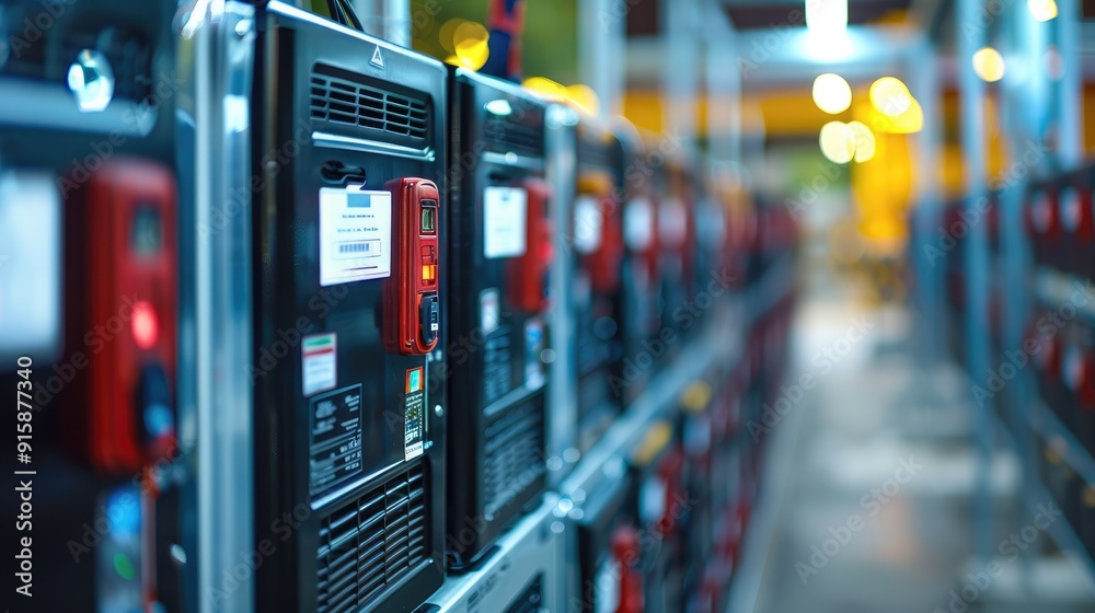 Aufkleber a row of backup batteries, ready to provide emergency power supply during outages. generative ai.