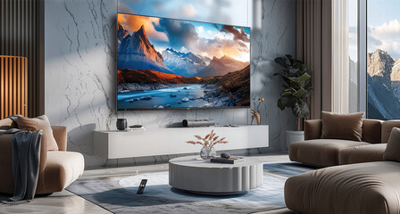 A sleek and modern smart TV hanging on the wall of an elegant living room, displaying a high-definition video with crisp colors. The screen shows a beautiful landscape scene. Generative AI.